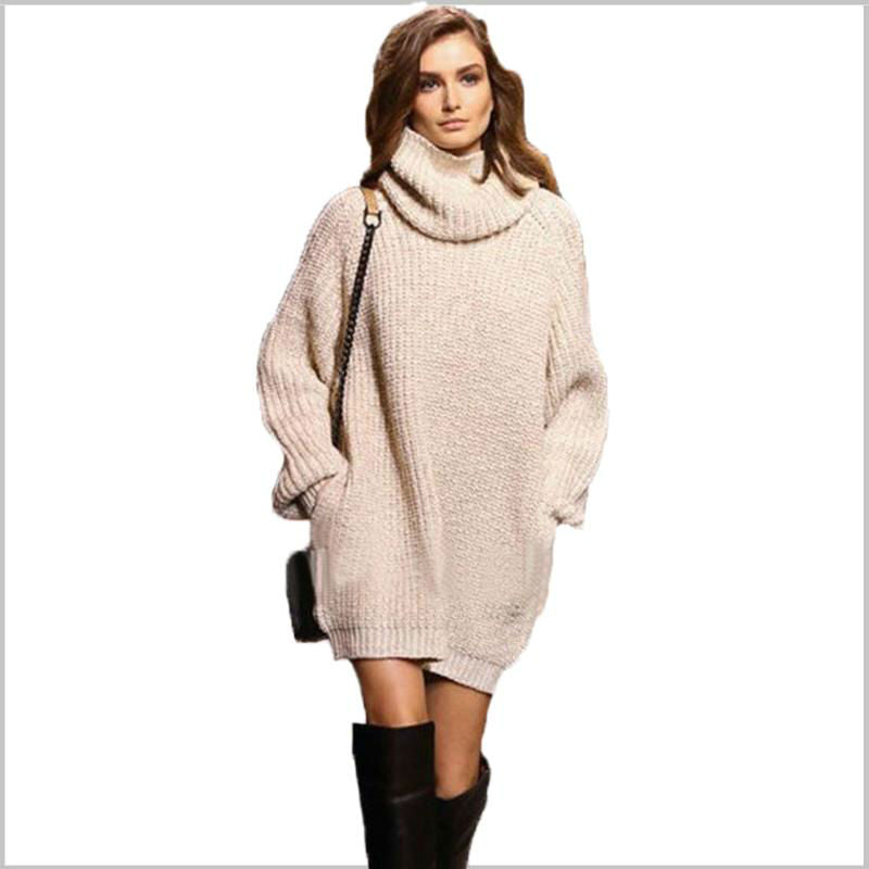 Highneck Long Sleeve Knit Sweater Dresses Loose with Pockets Warm Winter Dresses