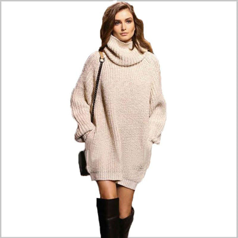 Image of Highneck Long Sleeve Knit Sweater Dresses Loose with Pockets Warm Winter Dresses