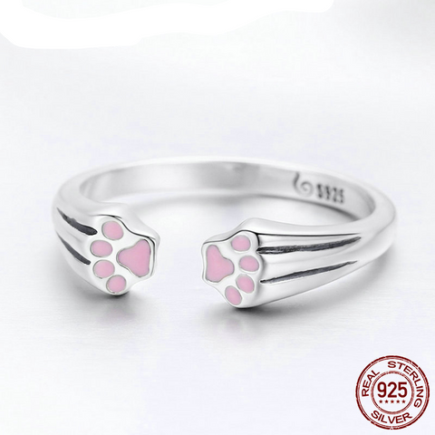 Image of 100% 925 Sterling Silver Animal Pet Dog Cat Footprints Finger Ring for Women Engagement Jewelry