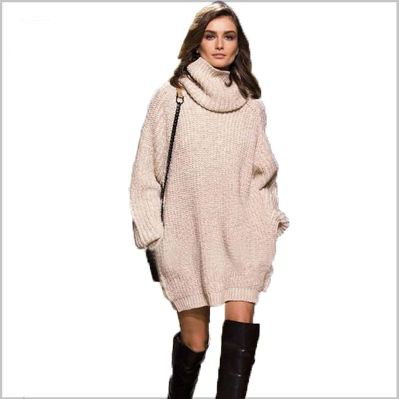 Highneck Long Sleeve Knit Sweater Dresses Loose with Pockets Warm Winter Dresses