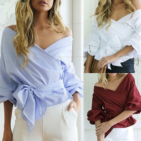 Image of Sexy V neck Off Shoulder Women Crossover Blouse