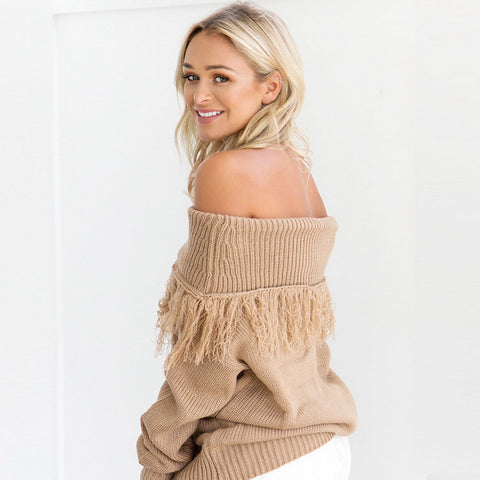 Image of Tassel Sweater Long sleeve Pullovers Loose Knitted Sweater Slash Neck Sexy Off Shoulder Tops