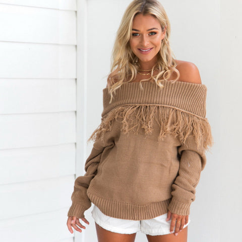 Image of Tassel Sweater Long sleeve Pullovers Loose Knitted Sweater Slash Neck Sexy Off Shoulder Tops