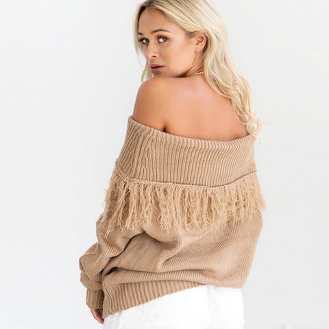 Image of Tassel Sweater Long sleeve Pullovers Loose Knitted Sweater Slash Neck Sexy Off Shoulder Tops