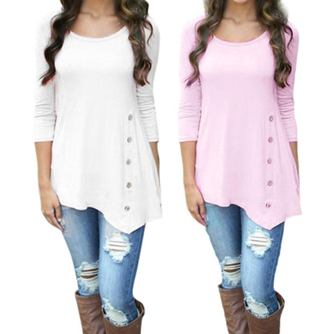 Image of Plus Size Long Sleeve Super Comfortable Button Trim Blouse Round Neck Tunic to Sizes 6XL