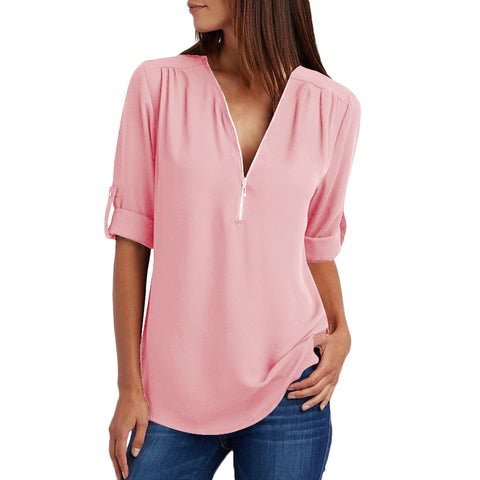 Image of Chiffon Blouse to 5XL Plus Sizes V-neck Roll Up Sleeve Zipper Tunic