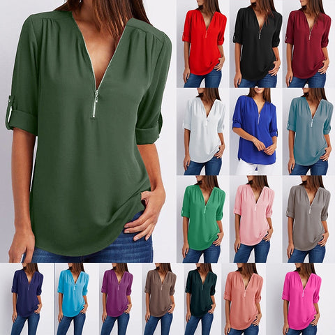 Image of Chiffon Blouse to 5XL Plus Sizes V-neck Roll Up Sleeve Zipper Tunic