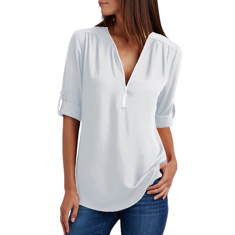 Image of Chiffon Blouse to 5XL Plus Sizes V-neck Roll Up Sleeve Zipper Tunic