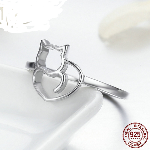 Image of 100% 925 Sterling Silver Little Cat & Heart Ring