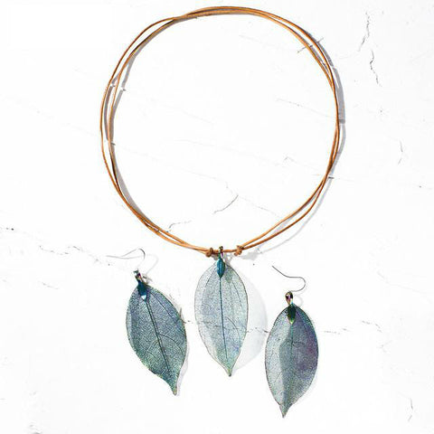 Image of Artilady real leaf pendant necklace earring set genuine leather copper necklaces women boho jewelry set gift