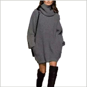Winter Highneck Long Sleeve Knit Sweater Dresses with Pockets