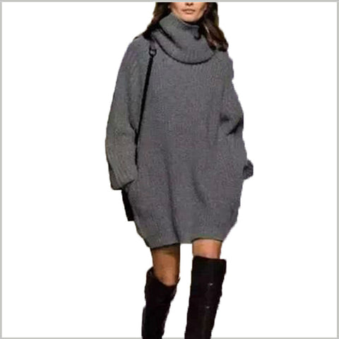 Image of Winter Highneck Long Sleeve Knit Sweater Dresses with Pockets