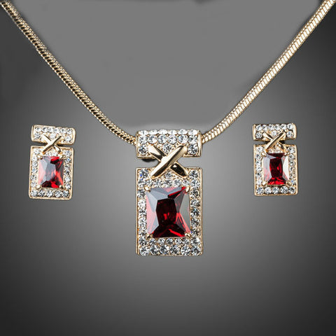 Image of Gold Color Unique Design with Dark Red Cubic Zirconia Earrings and Necklace Jewelry Sets