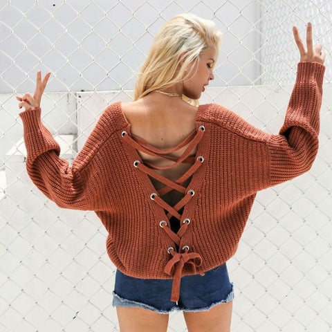 Image of Sexy backless knit pullover lace up sweater women