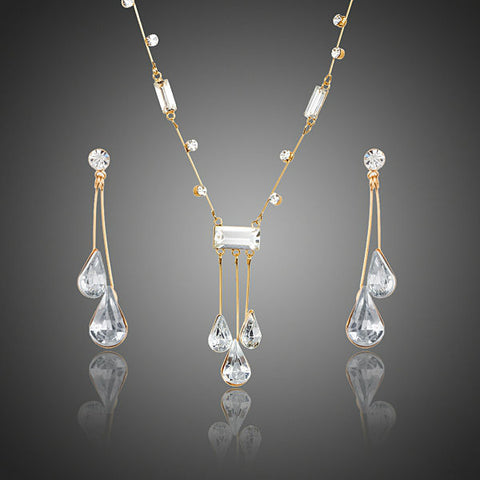 Image of Elegant Gold Color Stellux Austrian Crystal Water Drop Earrings and Pendant Necklace Jewelry for Wedding ,New Years Eve, Evening Gown