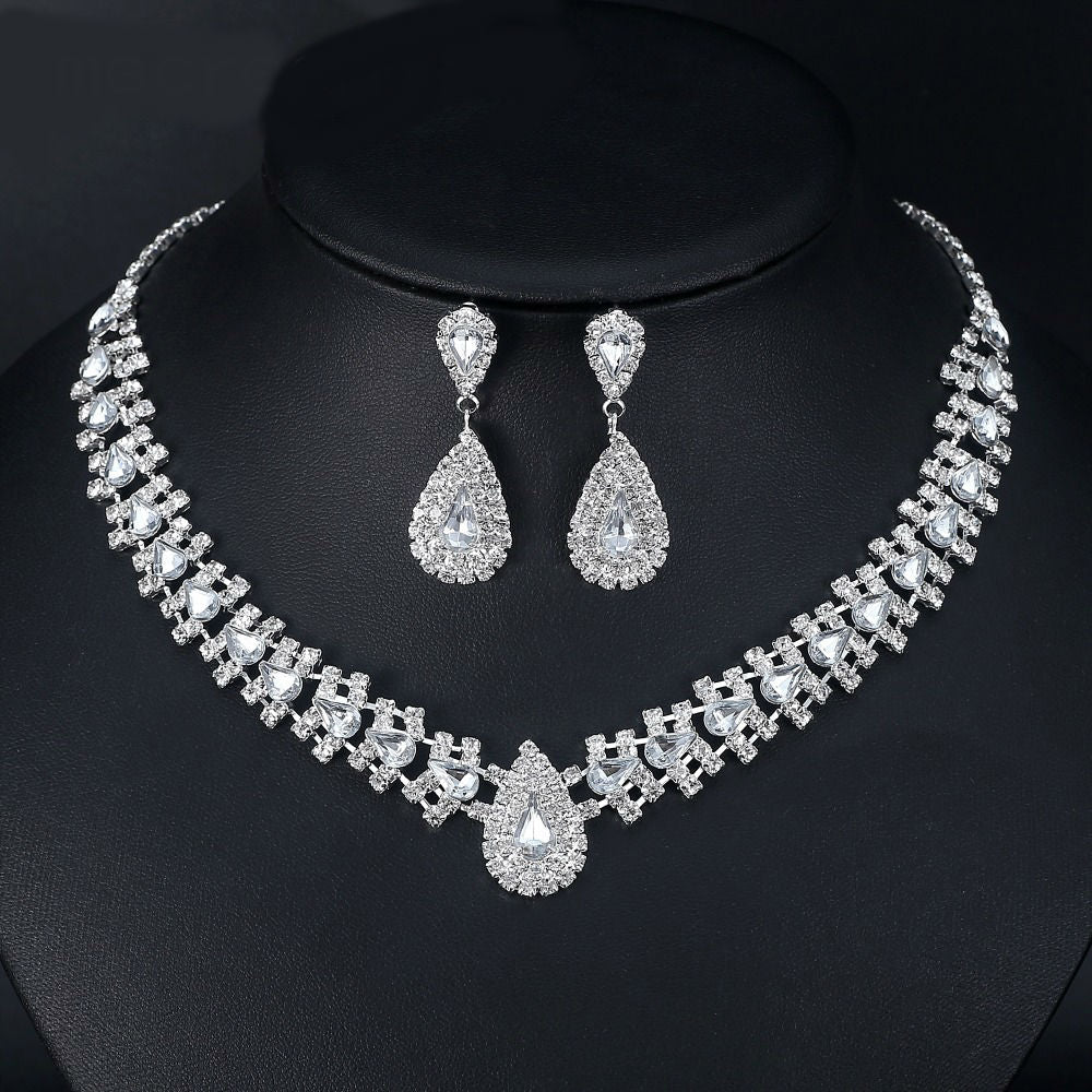 Crystal African Wedding Jewelry Sets Pink/Silver Color Teardrop Beads Bridal Choker Necklace Earrings