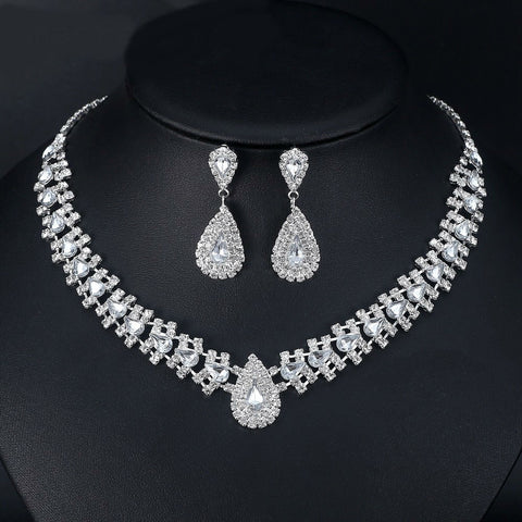 Image of Crystal African Wedding Jewelry Sets Pink/Silver Color Teardrop Beads Bridal Choker Necklace Earrings