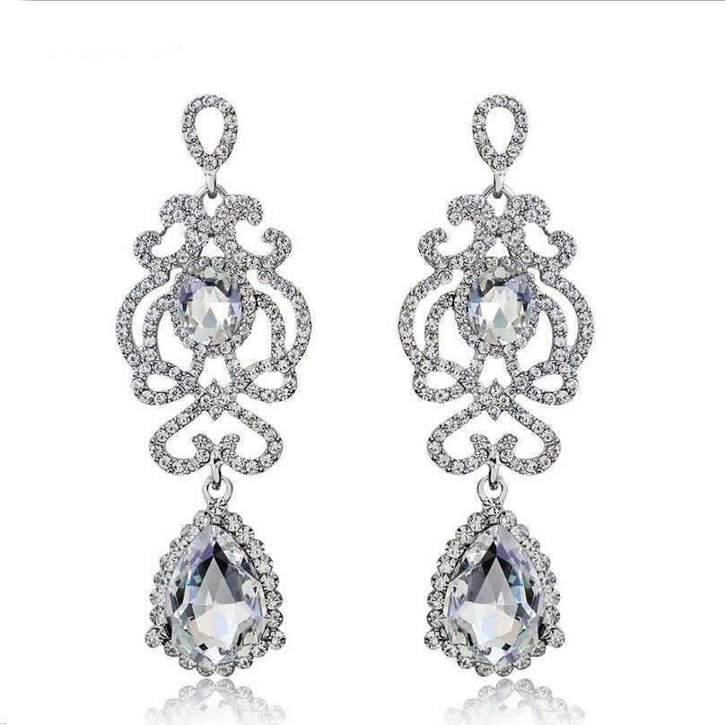 Hollow Crystal Water Silver Plated Austrian Chandelier Earrings