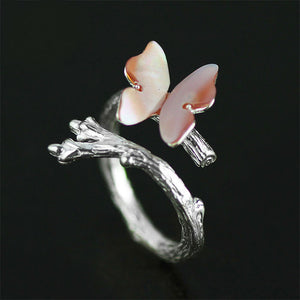 Lotus Real 925 Sterling Silver Natural Original  Cute Butterfly on Branch Female Rings Bijoux