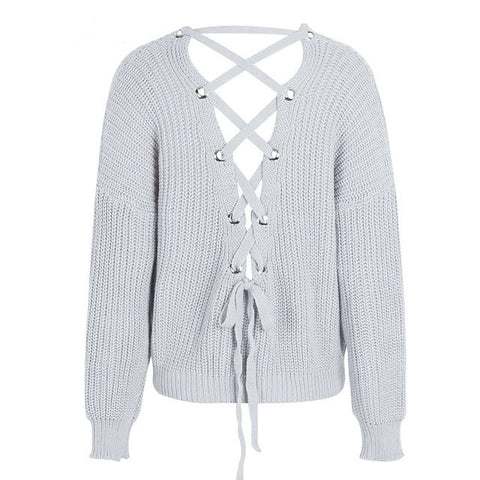 Image of Sexy backless knit pullover lace up sweater women