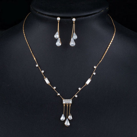 Image of Elegant Gold Color Stellux Austrian Crystal Water Drop Earrings and Pendant Necklace Jewelry for Wedding ,New Years Eve, Evening Gown