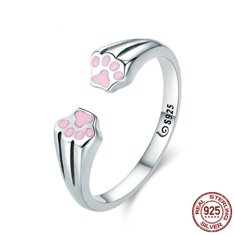 Image of 100% 925 Sterling Silver Animal Pet Dog Cat Footprints Finger Ring for Women Engagement Jewelry