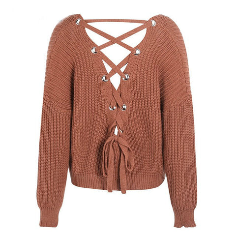 Image of Sexy backless knit pullover lace up sweater women