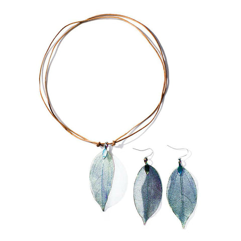 Image of Artilady real leaf pendant necklace earring set genuine leather copper necklaces women boho jewelry set gift