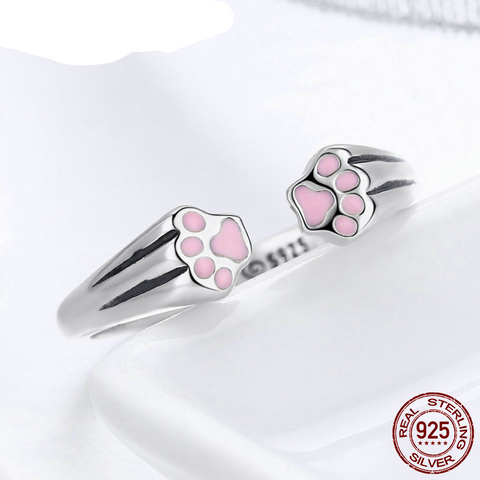 Image of 100% 925 Sterling Silver Animal Pet Dog Cat Footprints Finger Ring for Women Engagement Jewelry
