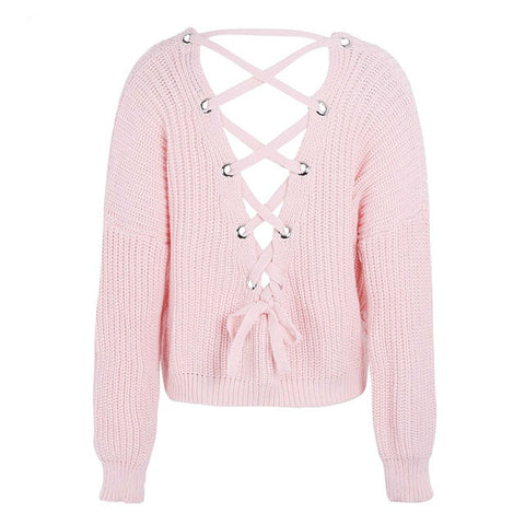 Image of Sexy backless knit pullover lace up sweater women