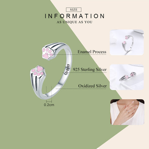 Image of 100% 925 Sterling Silver Animal Pet Dog Cat Footprints Finger Ring for Women Engagement Jewelry