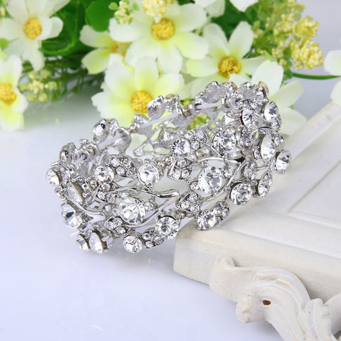 Image of Silver Plated Multi-Leaf Clear Austrian Crystal Bracelet