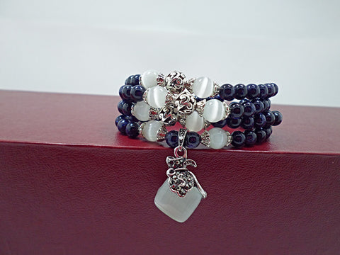 Image of Blue Sandstone & Opal Beaded Bracelet with Purple Pendant Vintage Style Jewelry