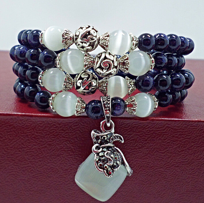 Blue Sandstone & Opal Beaded Bracelet with Purple Pendant Vintage Style Jewelry
