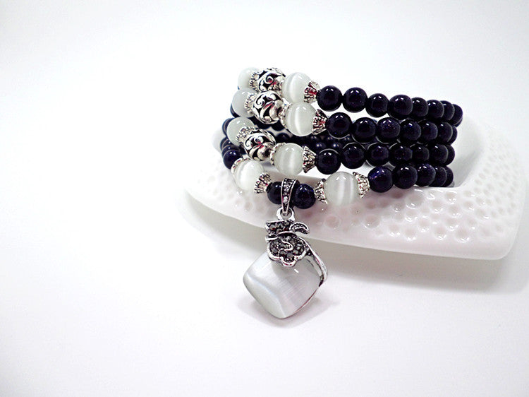 Blue Sandstone & Opal Beaded Bracelet with Purple Pendant Vintage Style Jewelry