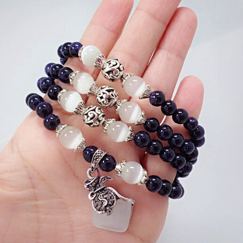 Image of Blue Sandstone & Opal Beaded Bracelet with Purple Pendant Vintage Style Jewelry