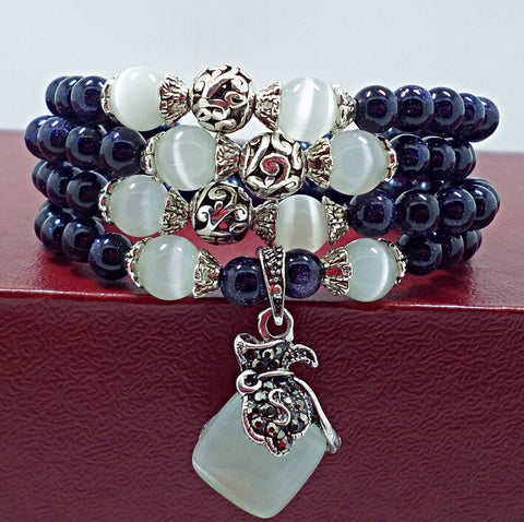 Image of Blue Sandstone &  Opal Beaded Bracelet with Purple Pendant Vintage Style Jewelry