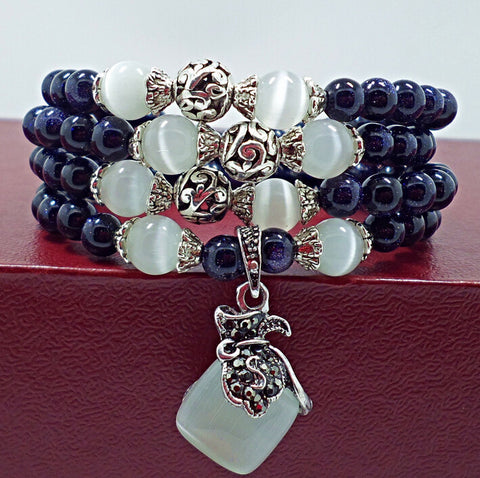Image of Blue Sandstone & Opal Beaded Bracelet with Purple Pendant Vintage Style Jewelry