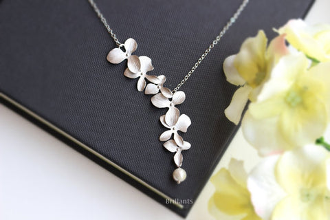 Image of Chandler Orchid Flower Necklace Long Blossom Simulated Pearl Long Chain Collars Fashion Jewelry Handmade Girl's Chic Party Gift - Free + Shipping