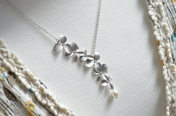 Chandler Orchid Flower Necklace Long Blossom Simulated Pearl Long Chain Collars Fashion Jewelry Handmade Girl's Chic Party Gift - Free + Shipping