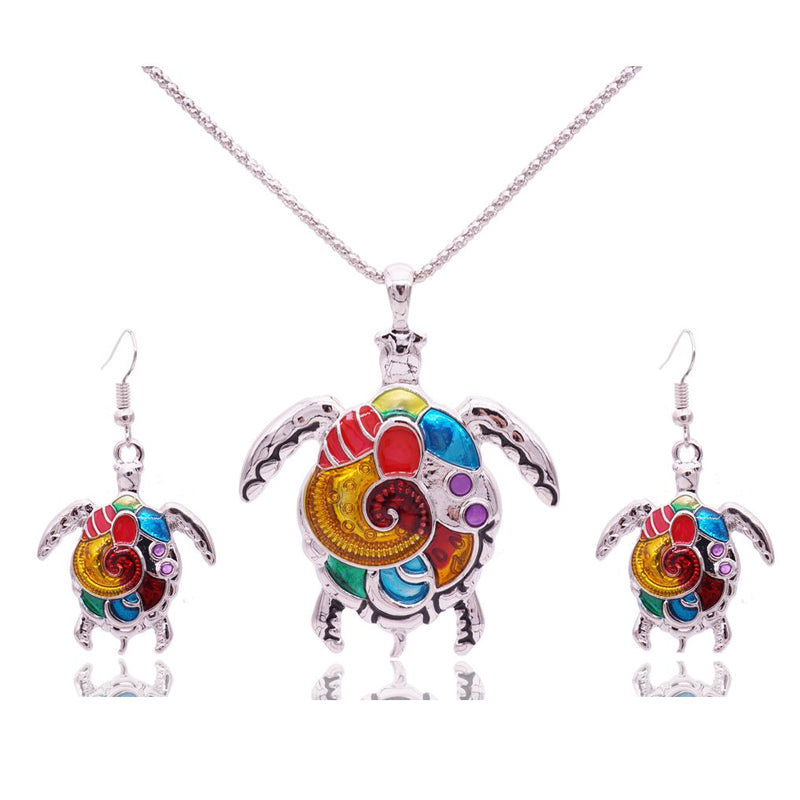 Enamel Sea Turtle Necklace & Earring Set Vintage Ethnic Inspired Jewelry