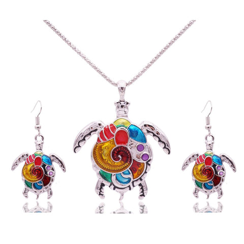 Image of Enamel Sea Turtle Necklace & Earring Set Vintage Ethnic Inspired Jewelry