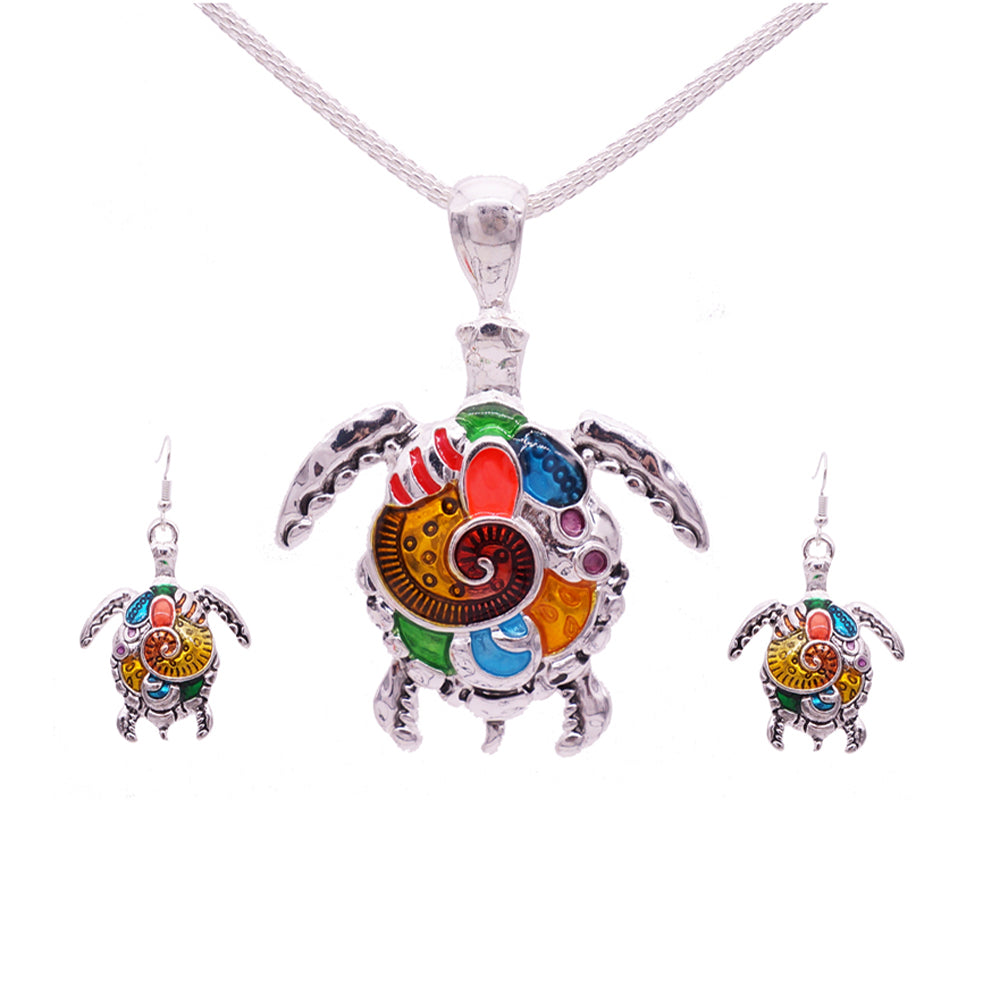 Enamel Sea Turtle Necklace & Earring Set Vintage Ethnic Inspired Jewelry