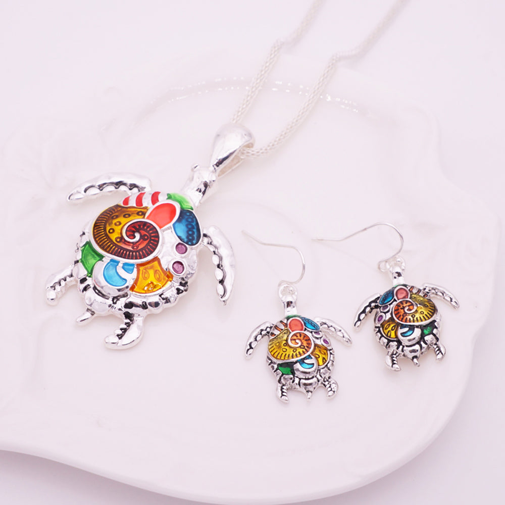 Enamel Sea Turtle Necklace & Earring Set Vintage Ethnic Inspired Jewelry