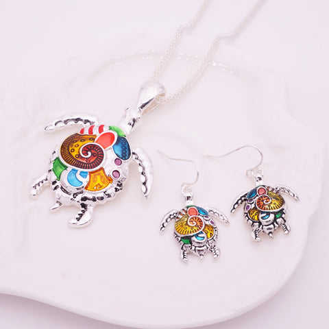 Image of Enamel Sea Turtle Necklace & Earring Set Vintage Ethnic Inspired Jewelry
