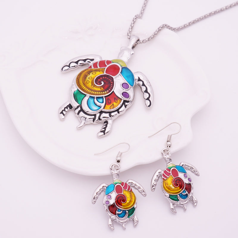 Enamel Sea Turtle Necklace & Earring Set Vintage Ethnic Inspired Jewelry