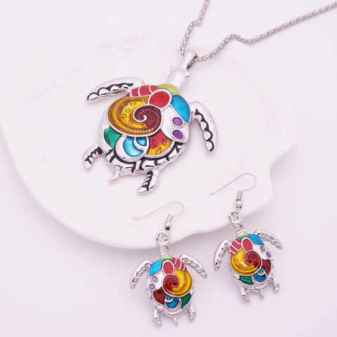 Image of Enamel Sea Turtle Necklace & Earring Set Vintage Ethnic Inspired Jewelry