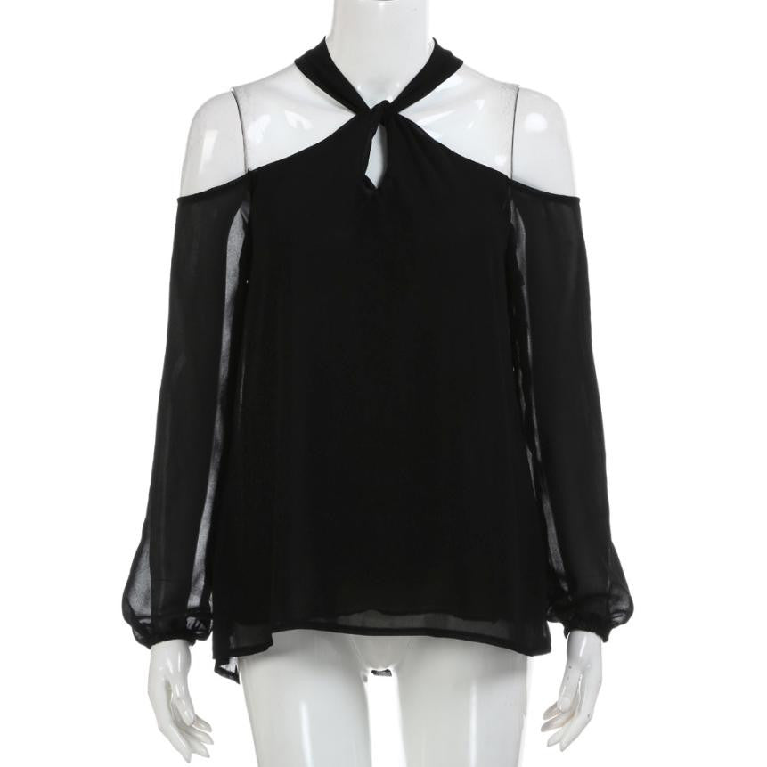 Long Sleeve Twisted Halter T Shirt  Low Cut Sexy Off Shoulder shirt