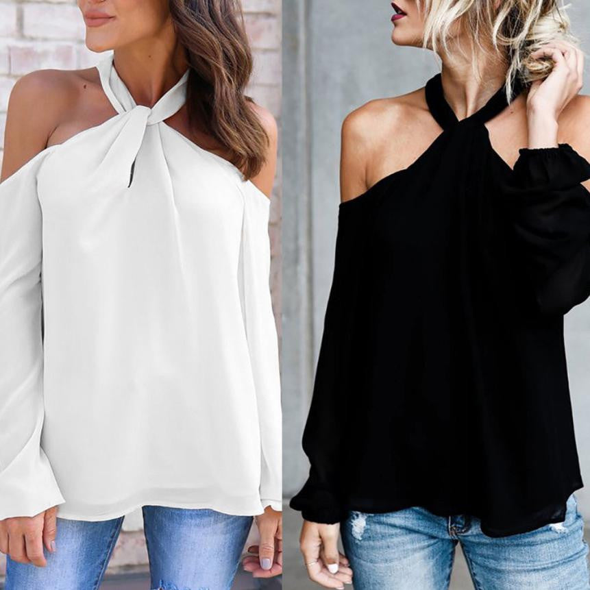 Long Sleeve Twisted Halter T Shirt  Low Cut Sexy Off Shoulder shirt