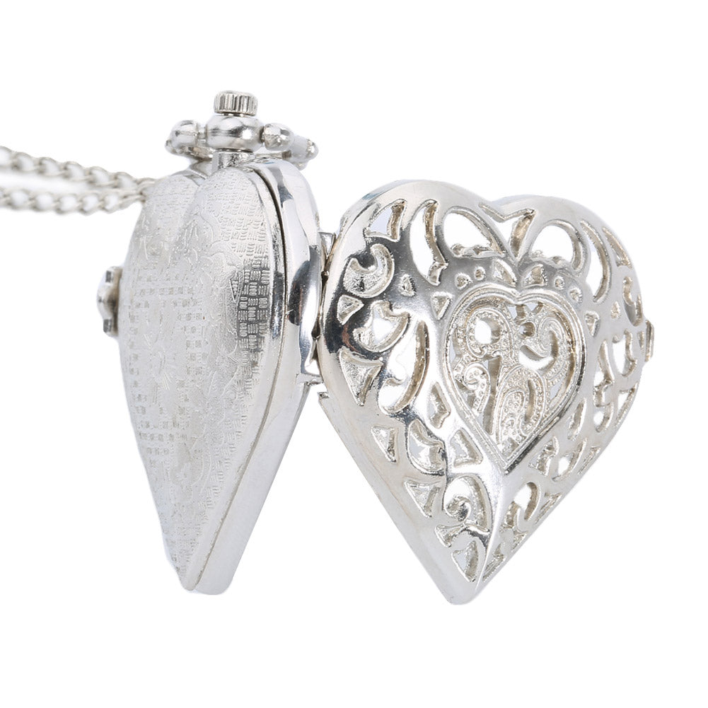 Fashion Silver Hollow Quartz Heart Shaped Pocket Watch Necklace Pendant Chain Clock Women Gift High Quality LXH